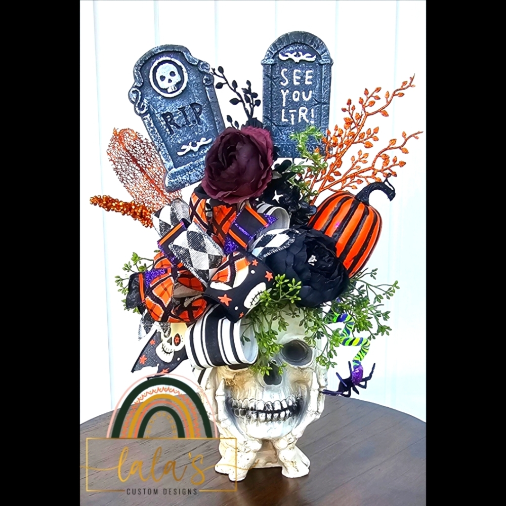 Large Halloween Centerpiece- Faux Floral Arrangement in Skeleton Skull- Handmade